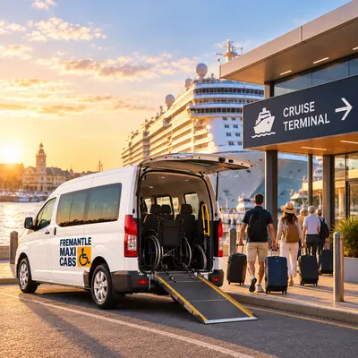 Maxi taxi picking up cruise passengers at Fremantle Cruise Terminal, Victoria Quay